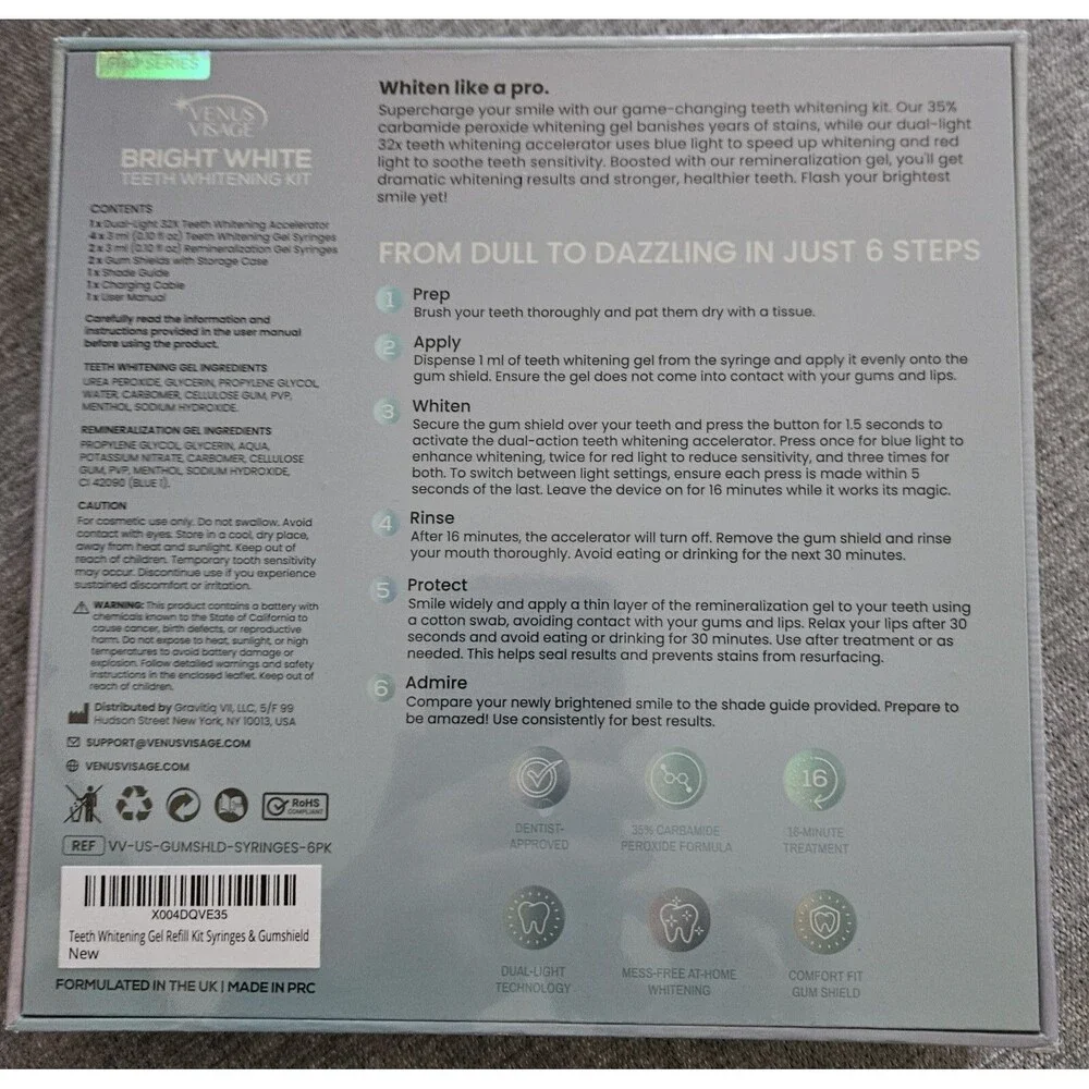Venus Visage Bright White Teeth Whitening Kit with LED Light 10/2026 - NEW